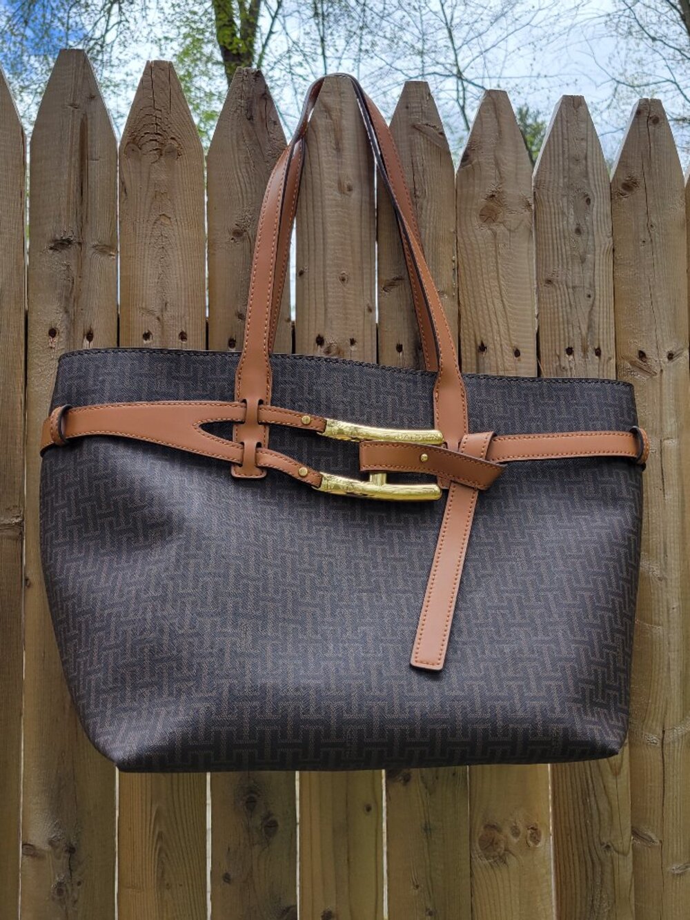 H by Halston Tasha Monogram Tote In Brown / Oak With Bold Red Interior